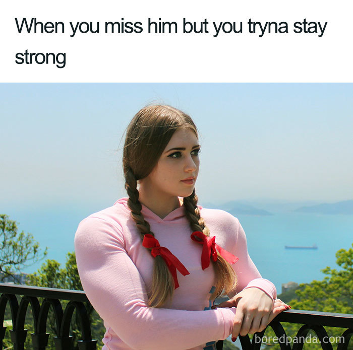 Strong woman in a pink hoodie with braids stands confidently, featuring wholesome relationship meme text above.