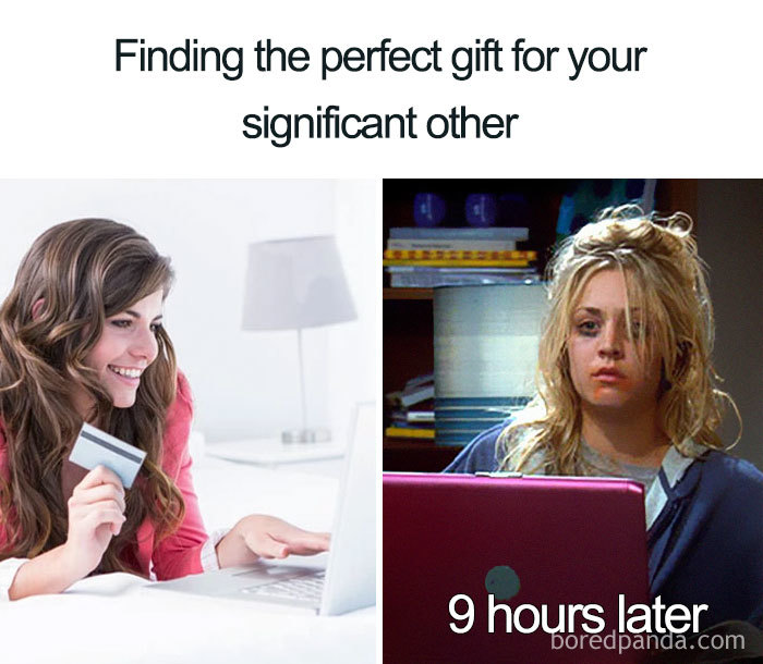Two-panel meme: woman happily shopping online, then tired 9 hours later. Wholesome relationship humor.