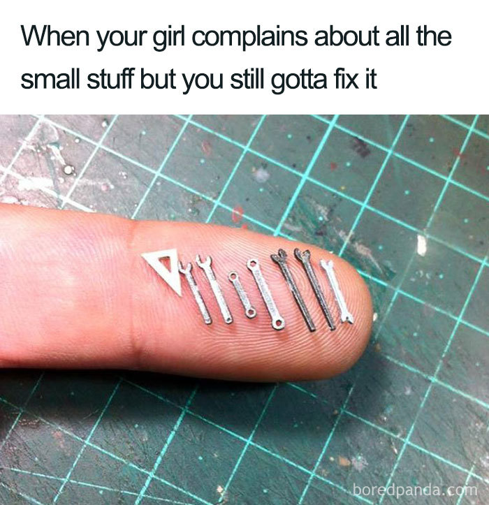 Miniature tools on a fingertip, symbolizing relationship memes humor about fixing small issues for your partner.