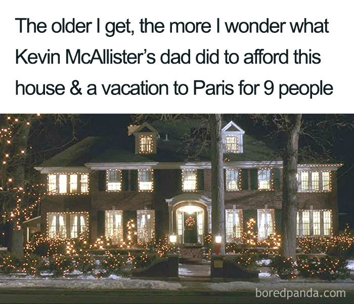 Hilarious Christmas meme about Kevin McAllister's dad, large house with Christmas lights, and a vacation to Paris.