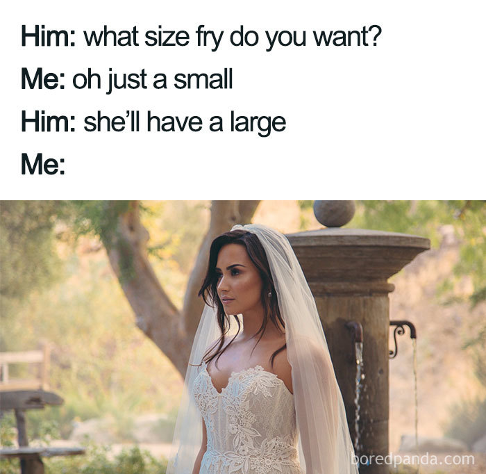 Wholesome relationship meme showing a bride reacting to a humorous conversation about fries.