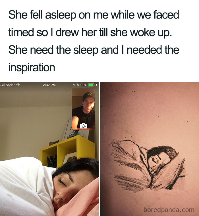 Wholesome relationship meme showing a woman sleeping during a video call and a sketch of her.