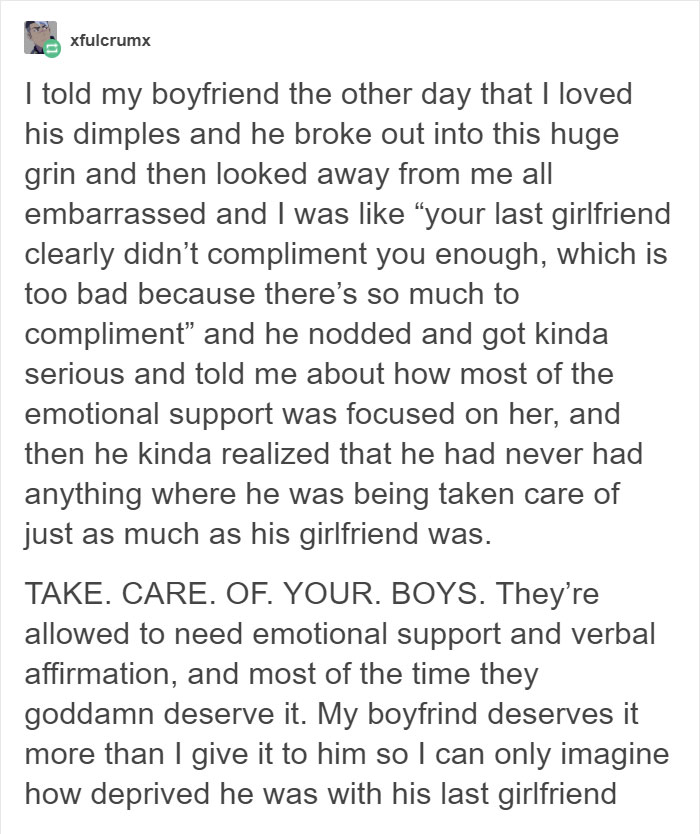 Tumblr Users Explain Why It Is Important To Take Care Of Men’s Emotional Needs And It Will Encourage You To Compliment Men More Tumblr Users Explain Why It Is Important To Take Care Of Men’s Emotional Needs And It Will Encourage You To Compliment Men More