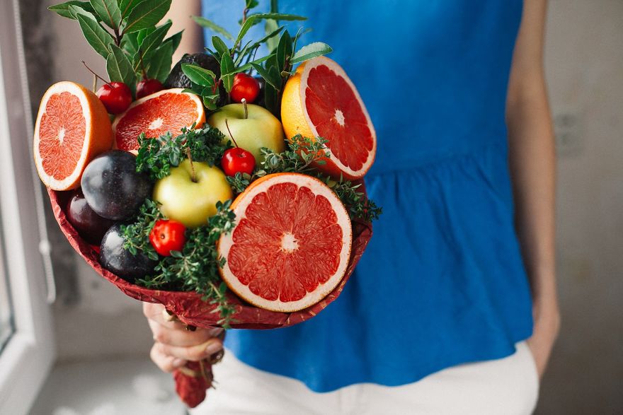 Grapefruit, Plums, Apples And Herbs