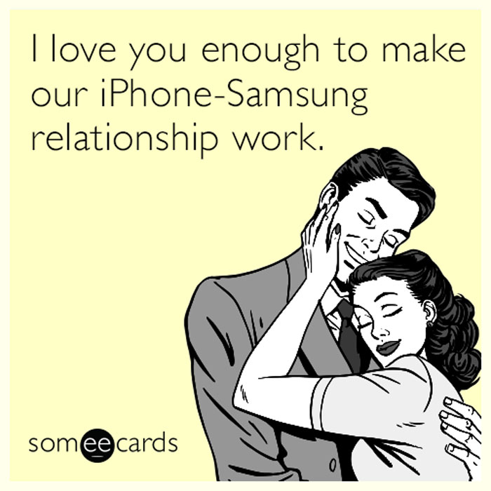 Couple embracing with text about making an iPhone-Samsung relationship work, highlighting wholesome relationship memes.