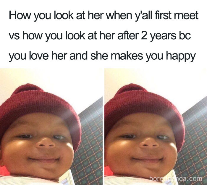 Smiling baby wearing a red hat, representing a wholesome relationship meme about love and happiness.