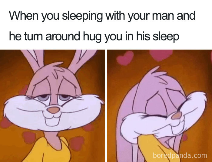 Wholesome relationship meme: cartoon character looking happy with a sweet caption about a partner hugging in their sleep.