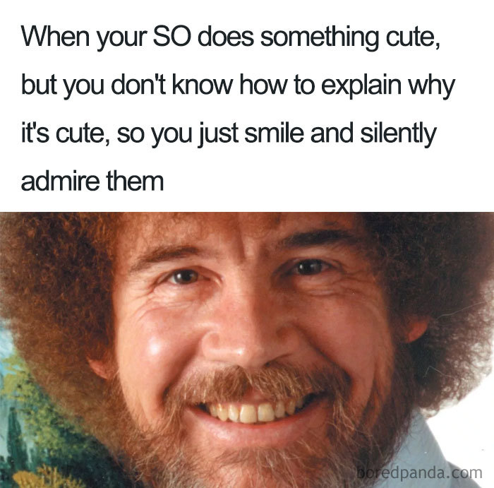 Smiling man with a caption about silently admiring your significant other doing something cute; relationship meme.