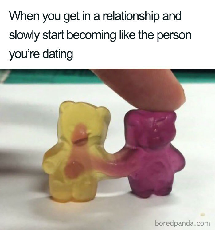 Two gummy bears merging together, resembling a wholesome relationship meme.