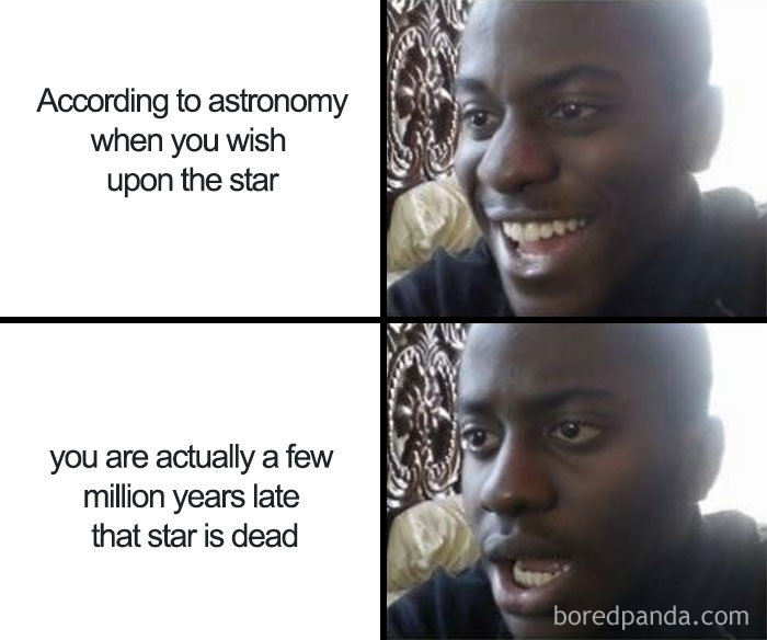 Man reacting humorously to astronomy fact about wishing on stars, reflecting disappointment when learning the star is dead.