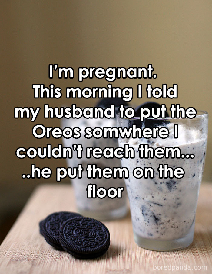 Pregnancy meme with a humorous caption about Oreos and a milkshake on a table.