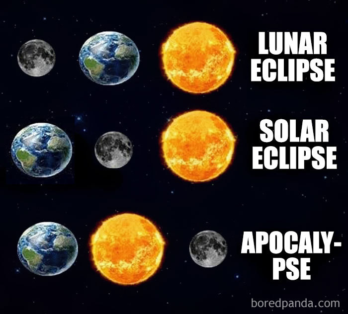 Space meme depicting lunar and solar eclipses, and a humorous "apocalypse" scenario with Earth, moon, and sun alignment.