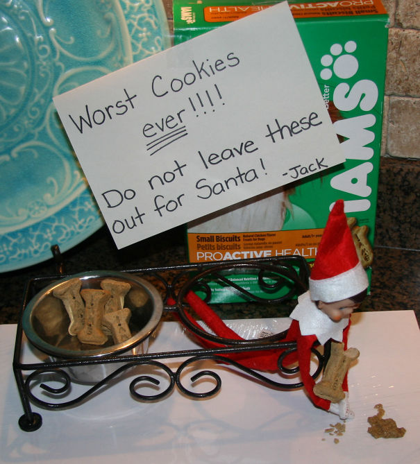 "Elf On The Shelf idea with the elf holding a dog biscuit by a pet bowl, next to a sign saying 'Worst cookies ever! Do not leave these out for Santa!'"