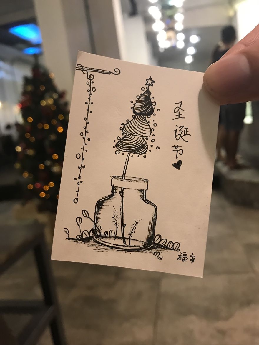 I Drew 24 Pictures Of Christmas Tree In Small Paper Notes In My Coffee Time. These Chrismas Trees Can Be Become True By Your Hands.