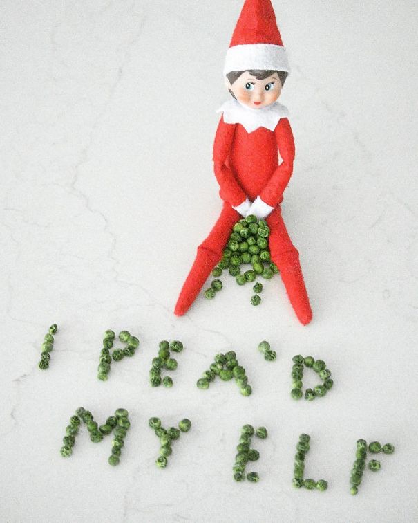 "Elf On The Shelf idea with the elf positioned over spilled peas, arranged to spell 'I pea'd my elf' in a humorous bathroom pun."