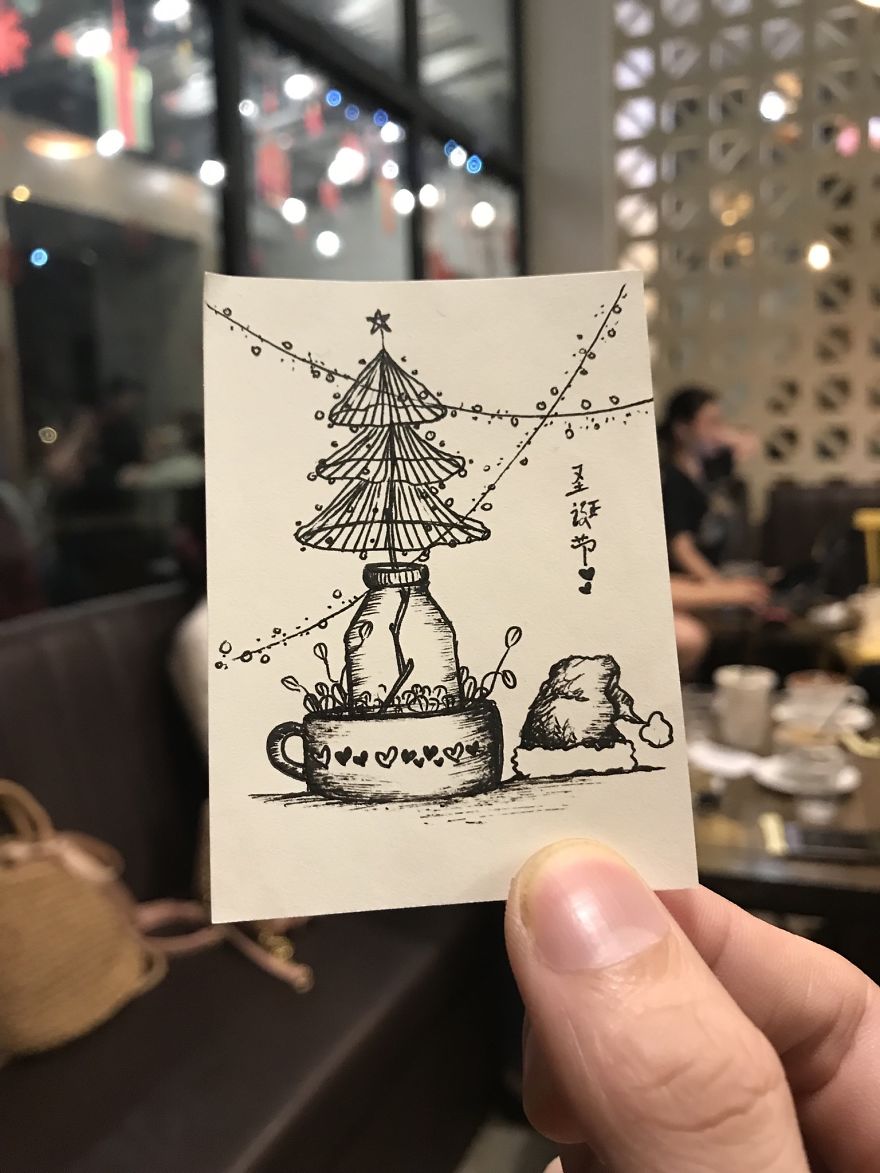 I Drew 24 Pictures Of Christmas Tree In Small Paper Notes In My Coffee Time. These Chrismas Trees Can Be Become True By Your Hands.