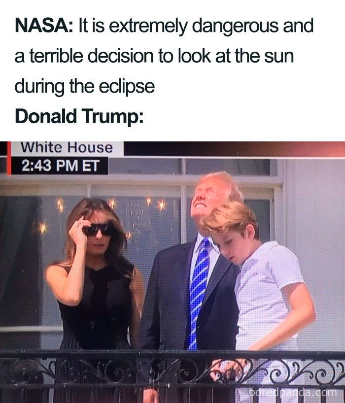 People viewing the solar eclipse on a balcony; a humorous space meme.