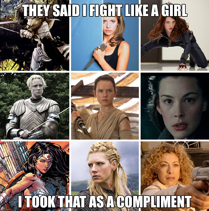 A feminist meme featuring women warriors from pop culture with the text "They said I fight like a girl. I took that as a compliment."