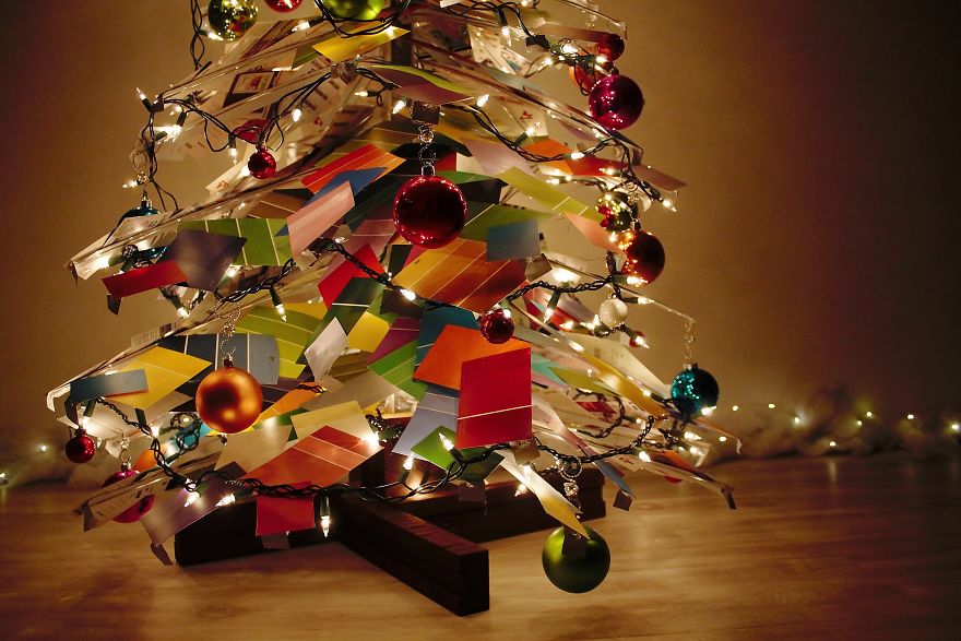 We Made An Unconventional Christmas Tree From A Stack Of Paint Samples And Some Old Blinds