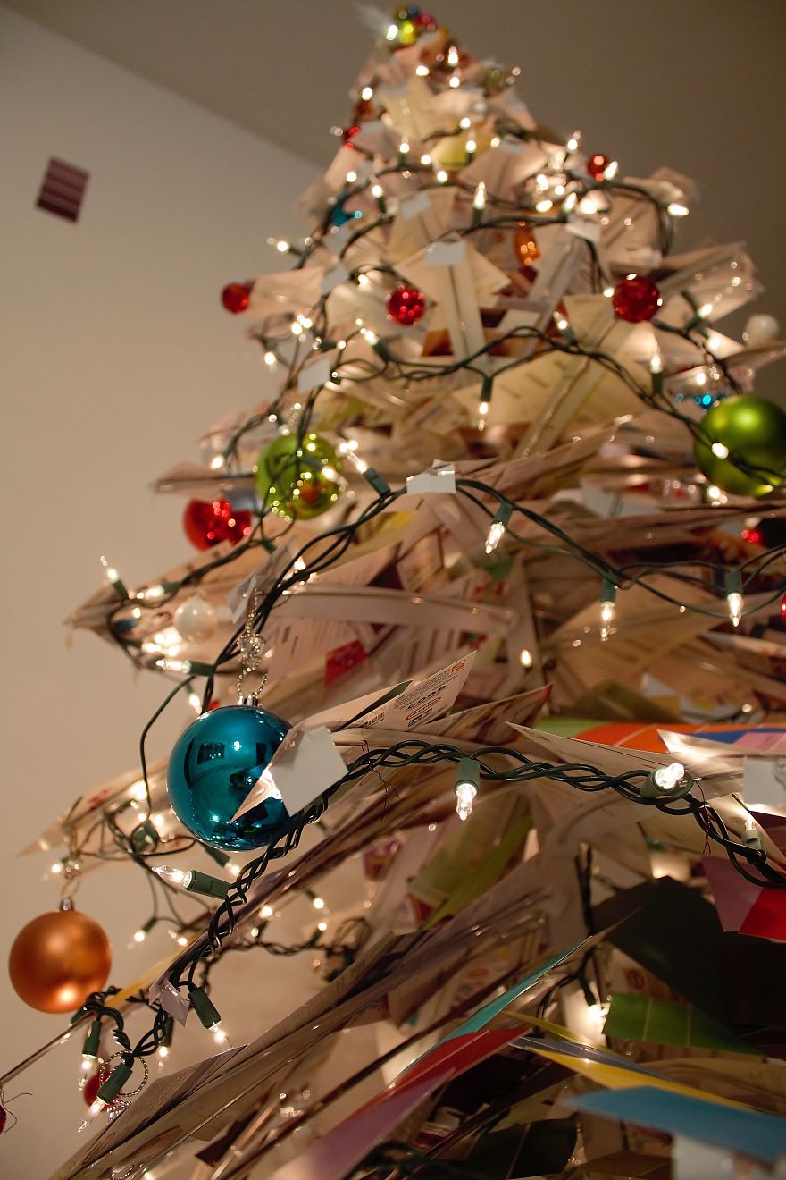 We Made An Unconventional Christmas Tree From A Stack Of Paint Samples And Some Old Blinds