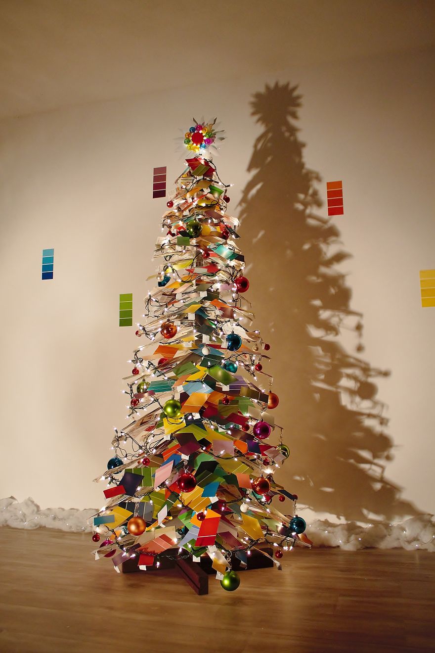 We Made An Unconventional Christmas Tree From A Stack Of Paint Samples And Some Old Blinds