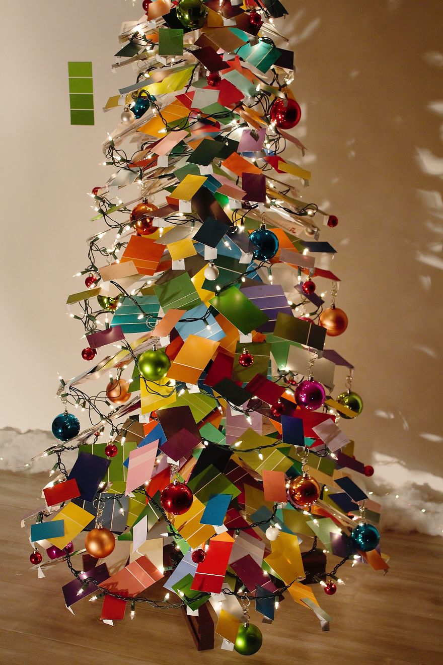 We Made An Unconventional Christmas Tree From A Stack Of Paint Samples And Some Old Blinds