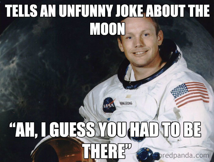Astronaut in a spacesuit with a moon meme text overlay, creating a hilarious space meme for all to enjoy.