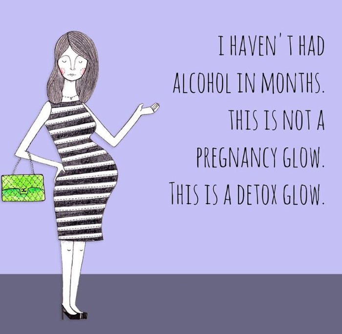 Pregnancy meme featuring a cartoon pregnant woman in a striped dress, holding a green purse with a humorous detox glow caption.