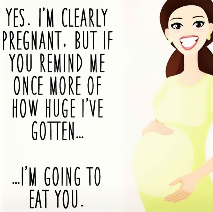 Pregnancy meme of a cartoon woman with a humorously annoyed expression, holding her belly.