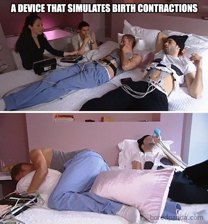 Men humorously react to a device simulating birth contractions, capturing the essence of funny pregnancy memes.