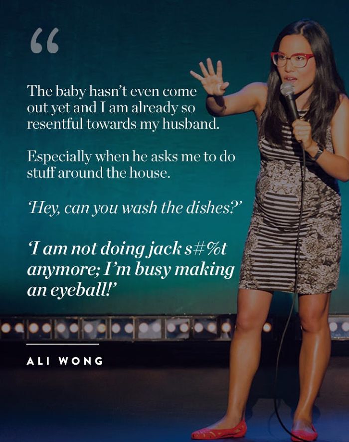 A comedian humorously discusses pregnancy and chores, embodying a funny pregnancy meme theme.