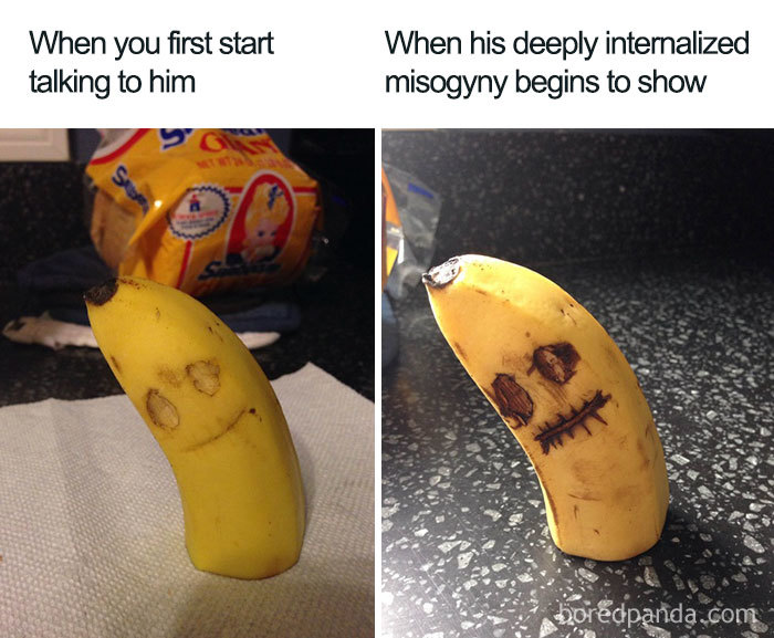Two banana memes humorously depict the shift from charm to internalized misogyny.
