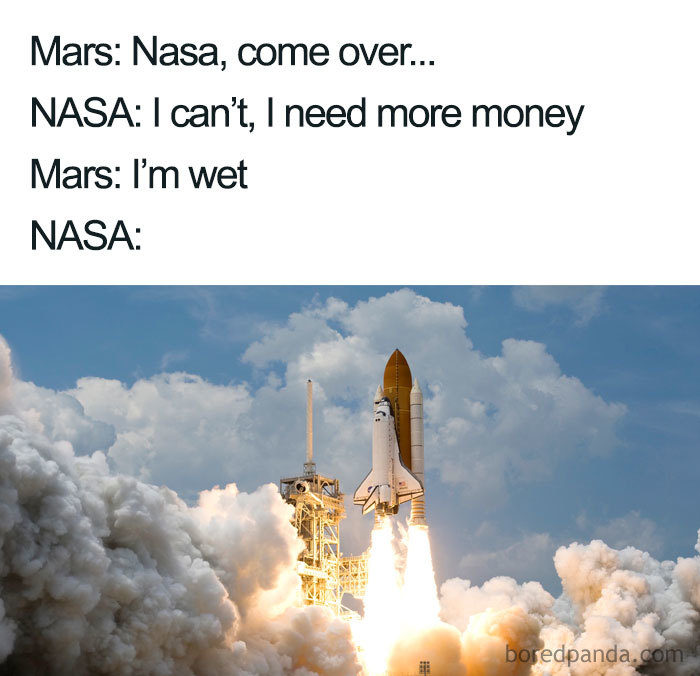 Rocket launch meme with funny Mars and NASA dialogue; humorous space theme.