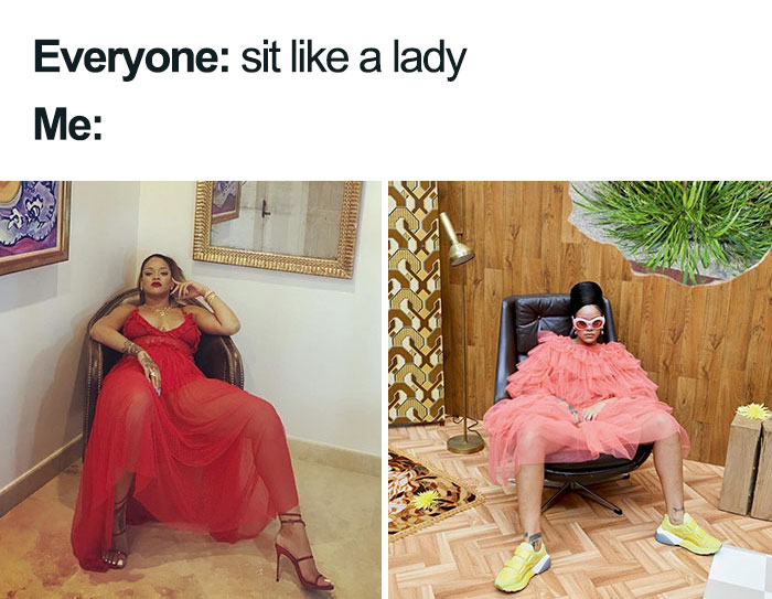 Two images challenge traditional norms of sitting ladylike; feminist humor highlights individuality and defiance.