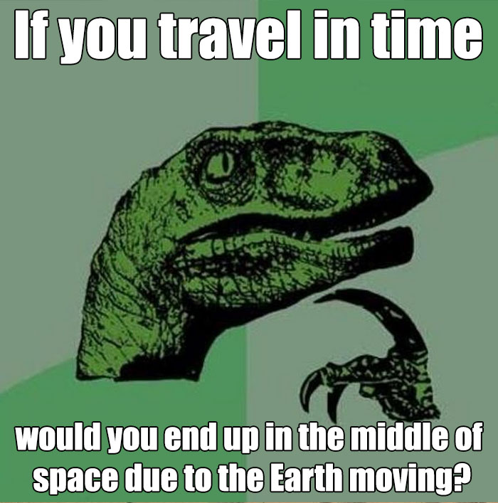 Philosoraptor meme pondering space travel and Earth's movement in time-related humor.