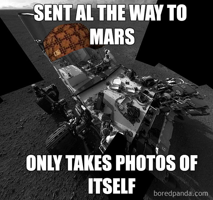 Meme of Mars rover with a cap, humor about space exploration and selfies.