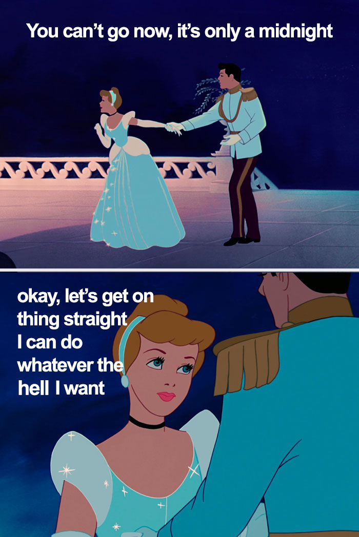 Feminist meme showing a princess asserting independence with humorous text.