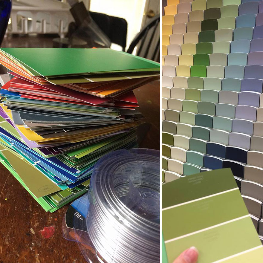 We Made An Unconventional Christmas Tree From A Stack Of Paint Samples And Some Old Blinds