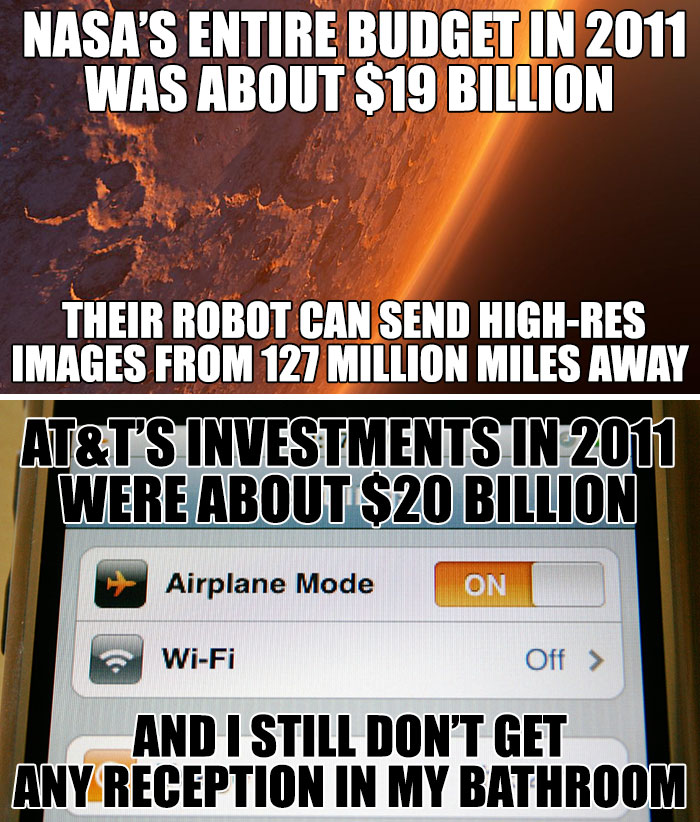 Humorous space meme comparing NASA budget to AT&T investments with a phone reception joke.