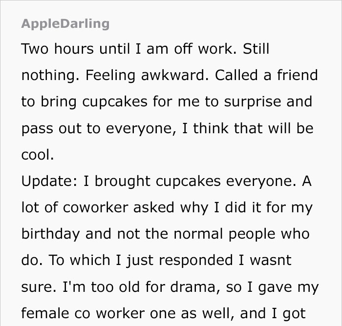 Co-Worker Tells Others To Ignore This Woman's Birthday, So She Gets Revenge By Buying Cupcakes