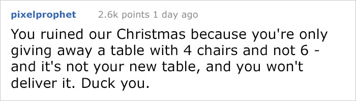 Guy Gets Accused Of Ruining Christmas After Not Delivering A Free Table To A Client 180 Miles Away