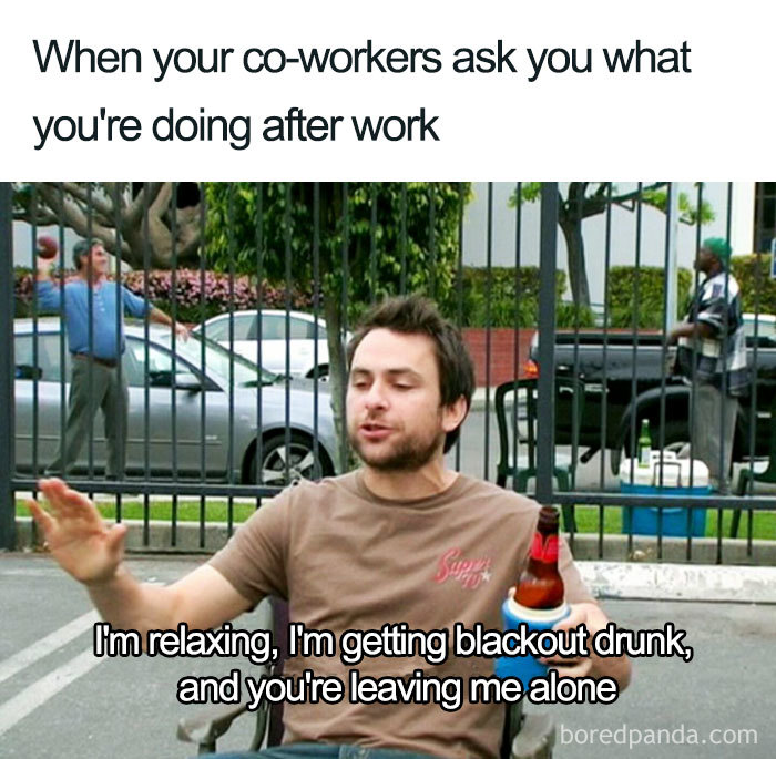 Man with a beer humorously responding to a coworker meme about after-work plans.