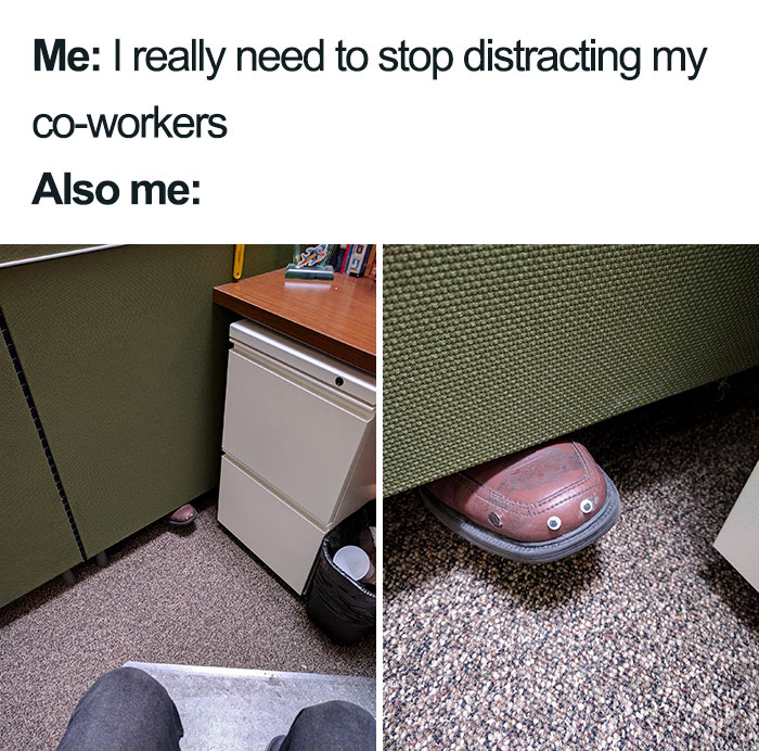Coworker meme showing a shoe peeking under a cubicle partition, adding humor to the office setting.
