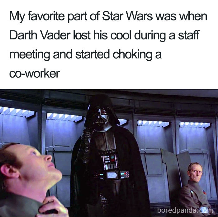 Darth Vader humorously depicted losing temper during a meeting with coworkers.