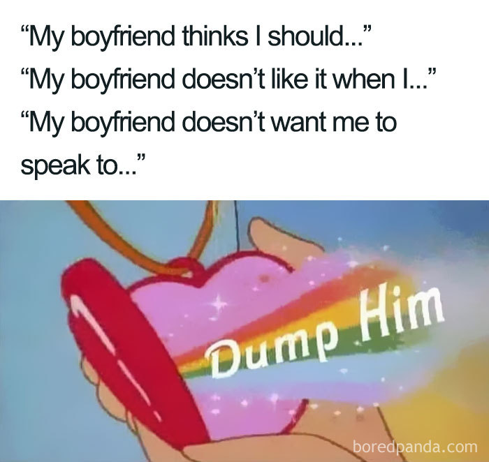 Feminist meme featuring a rainbow heart with "Dump Him" highlighting the importance of self-empowerment.