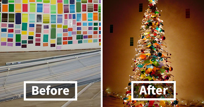 We Made An Unconventional Christmas Tree From A Stack Of Paint Samples And Some Old Blinds