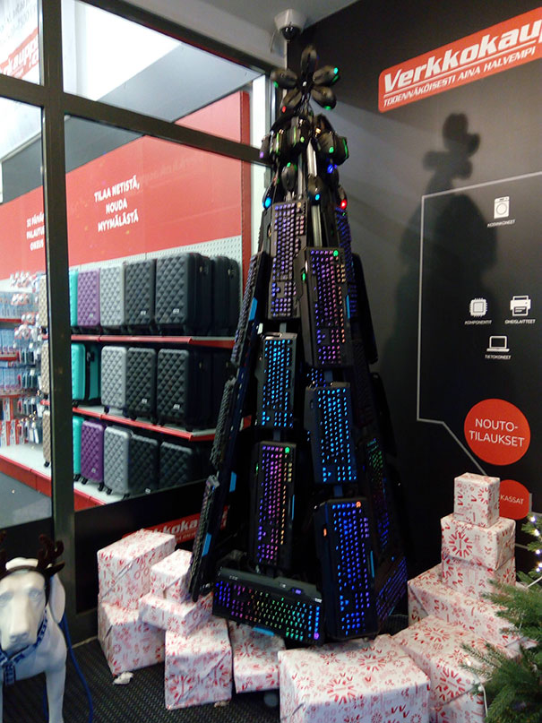 Christmas Tree At A Local Electronics Store Is Lit