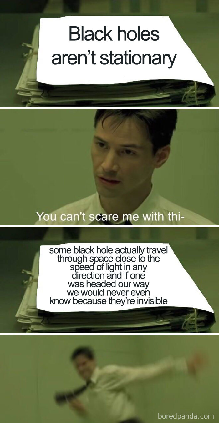 Funny space meme about moving black holes, featuring a surprised reaction.