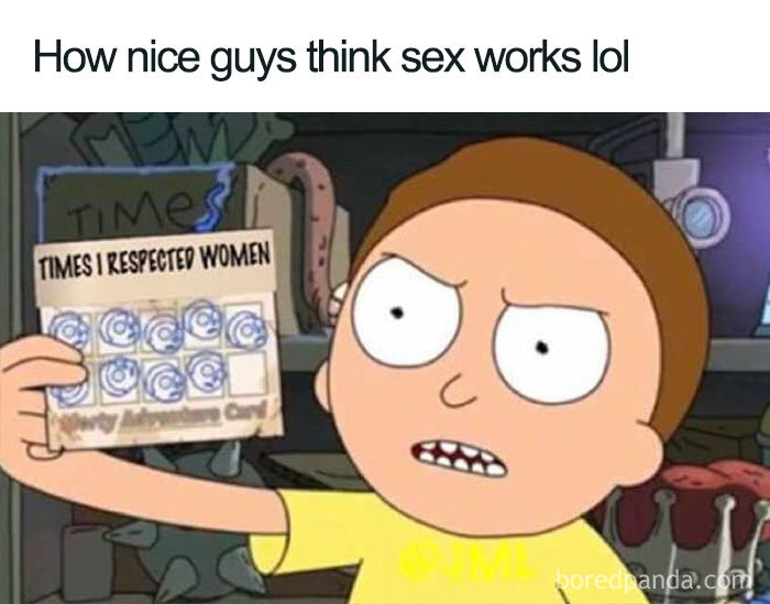 Animated character holding a card labeled "Times I Respected Women," humorously depicting feminist meme.