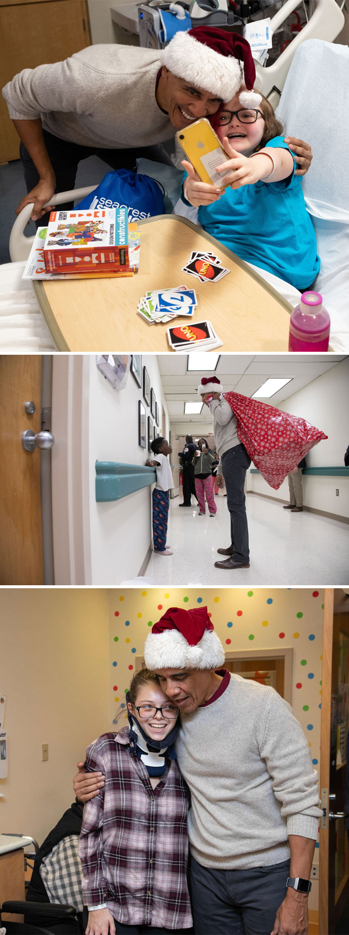 Barack Obama Dresses Up As Santa And Goes Through A Children's Hospital Handing Out Gifts